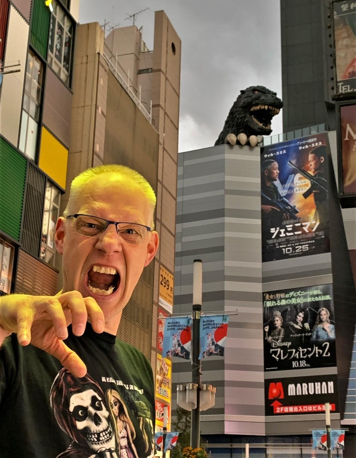 Directer BUTTGEREIT with Godzilla Head at Kabukicho